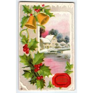 Vintage 1916 Christmas Postcard Winter Cottage with Bells & Holly